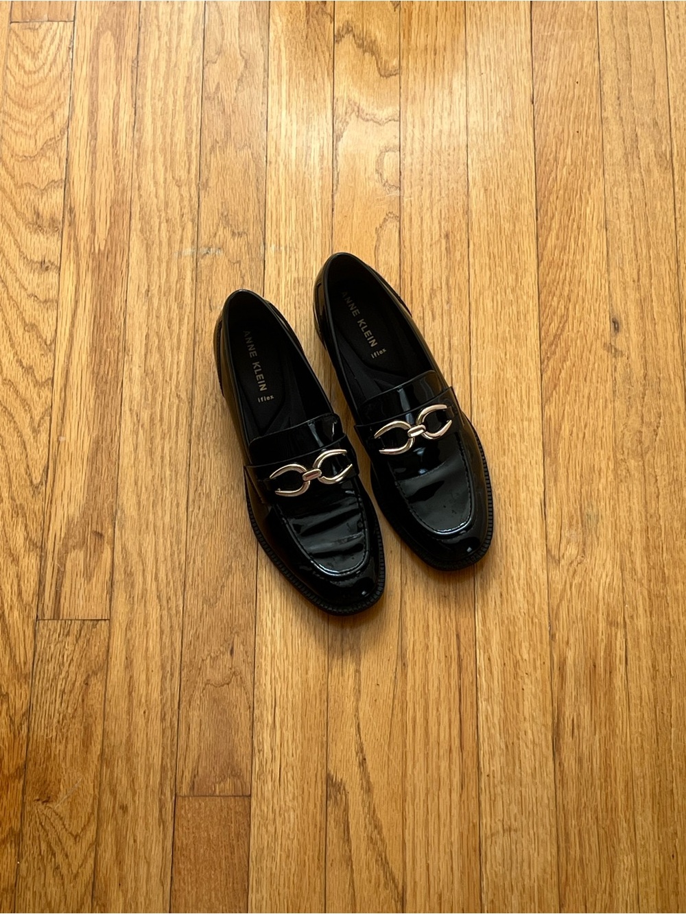 Anne Klein Black Patent Leather Loafers with Gold Buckle Size 8